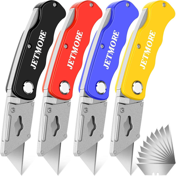 JETMORE 4 Pack Folding Utility Knife with Extra 10 Blades, Durable Box Cutters for Home and Office