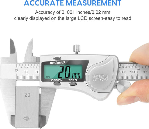 Digital Caliper Measuring Tool: IP54 Waterproof Electronic Micrometer with Large LCD Screen, 6 Inch