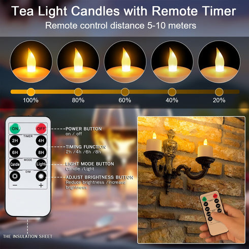 12pcs Esup Rechargeable Tea Lights Candles Flameless Flickering Candles with Remote Control Timer & Charging Base