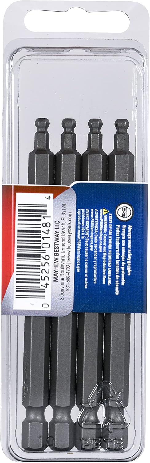 Mayhew Tools 19518-4 USA SAE Ball Hex Power Bit - 9/64 x 3.5", 4-Pack