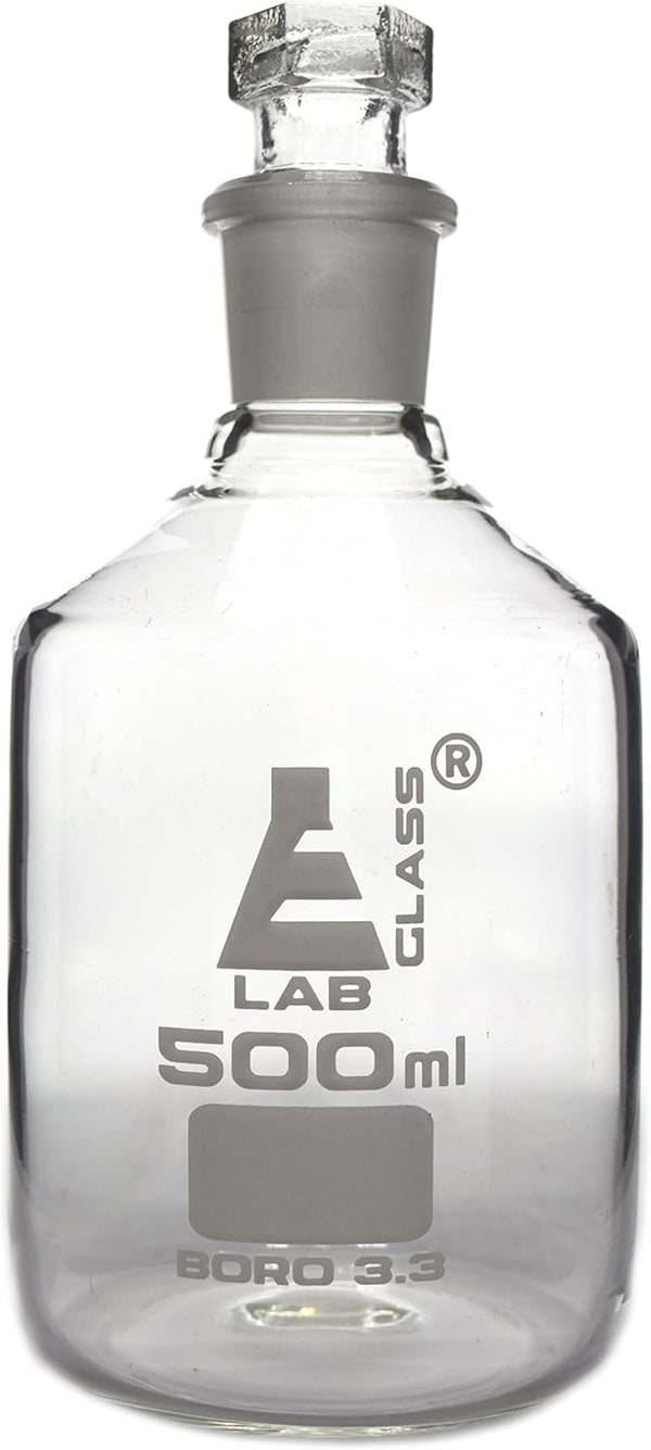 EISCO Borosilicate Glass Reagent Bottle, Narrow Mouth with Interchangeable Hexagonal Stopper - 500ml Labs