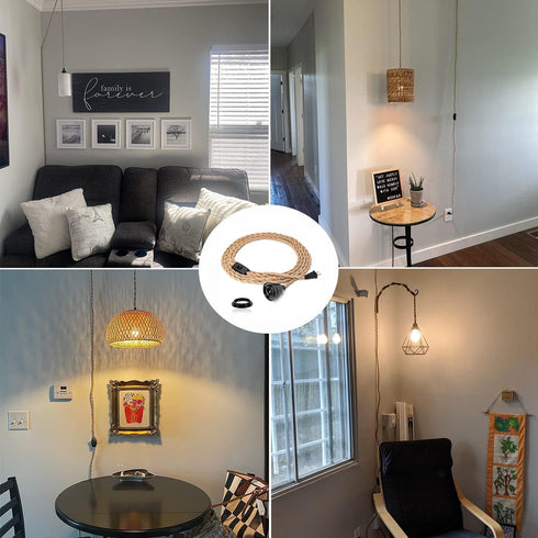 CAFULAM Industrial Hanging Light with Plug in Cord - Hemp Rope On/Off Switch, Farmhouse Pendant Light for Dining Room
