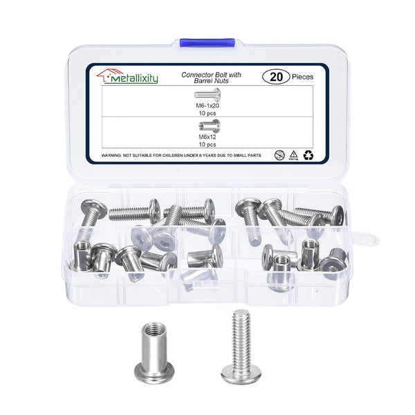METALLIXITY Crib Screws Replacement Set(M6-1x20mm) 20Pcs, Stainless Steel Connector Bolts M6 Screw Barrel