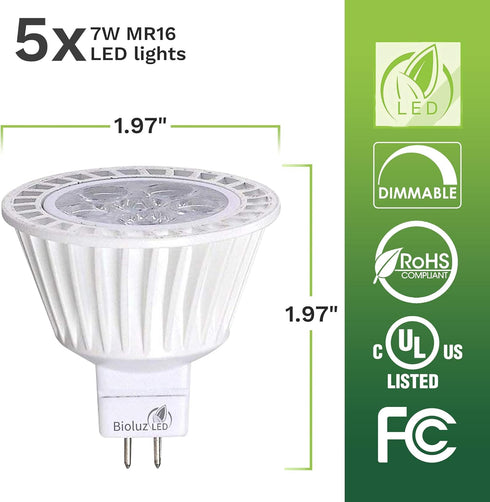Bioluz LED 5 Pack MR16 LED Bulb Dimmable 50W Halogen Replacement 7w 3000K 12v AC/DC UL Listed High CRI by Bioluz LED