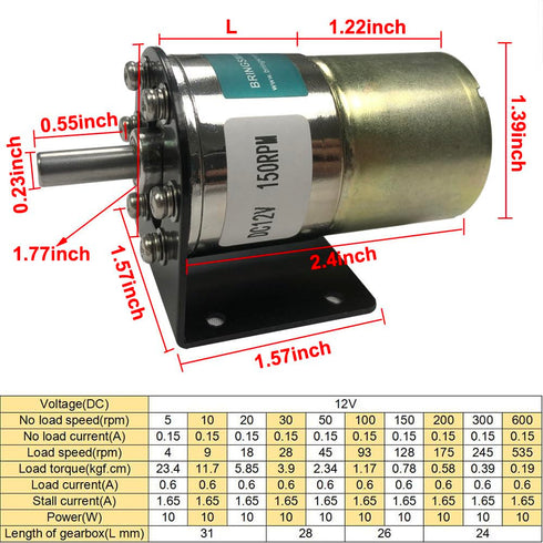 Bringsmart Micro Geared Motor 12V 200rpm with Bracket, Centric Output Shaft, 37mm Diameter Gearbox, Large Torque Motor