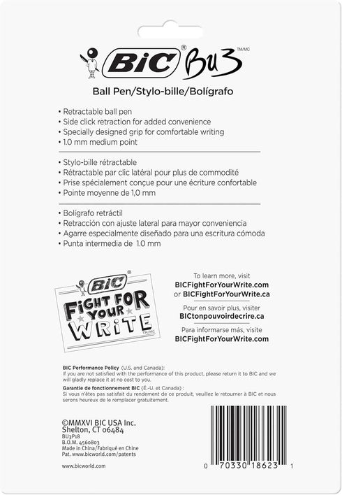 BIC BU3 Grip Retractable Ballpoint Pen, Medium Point (1.0mm), Black, Side Click Retraction For Added Convenience, 18-Count