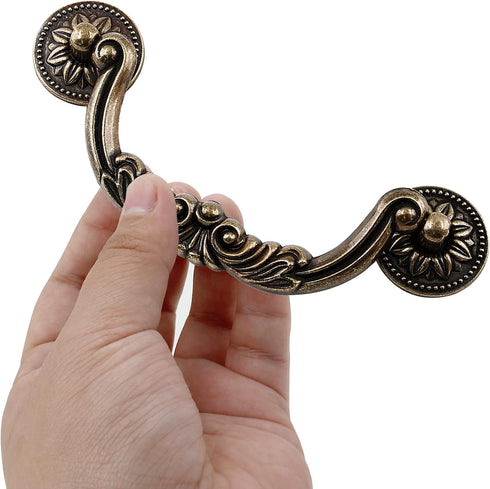 6 Pack Vintage Dresser Drawer Pull Handles, 3-3/4 Inch Hole Center, Yellow Bronze Drop Drawer Handles