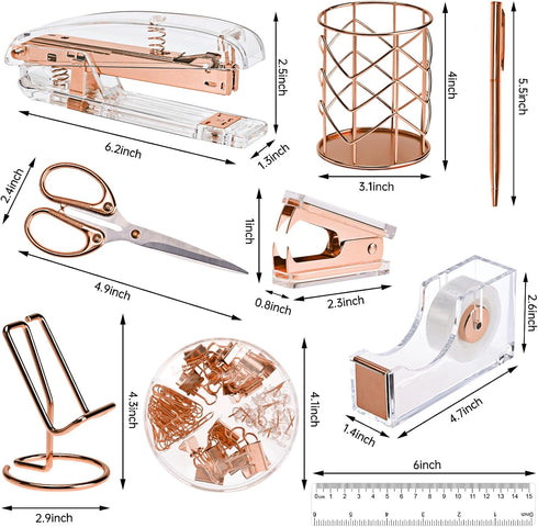 EOOUT Rose Gold Desk Accessories, Office Supplies and Accessories Set, Acrylic Stapler Set, Staple Remover, Phone Holder, Pen Holder, Scissor, Ruler, Transparent Tape by EOOUT