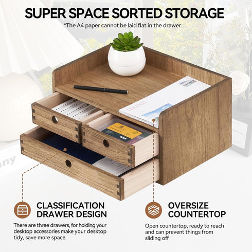 KIRIGEN Desk Organizer with Drawers - Wooden Storage Box with Trays for Office Supplies, Dark Brown