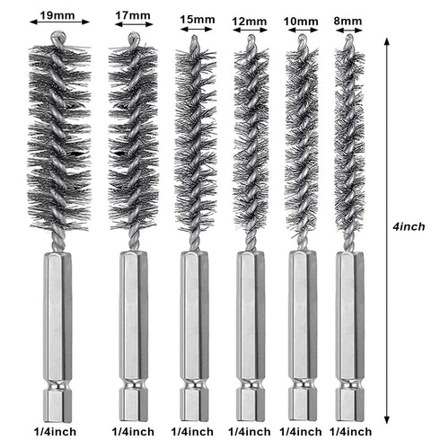 6 Pieces Stainless Steel Bore Brush in Different Sizes + 15 Pcs Cleaning Needles Nylon Brushes Tools, Twisted Wire Brush with Handle 1/4 Inch Hex Shank Attachment Drill Set for Tubes Ports Bearings