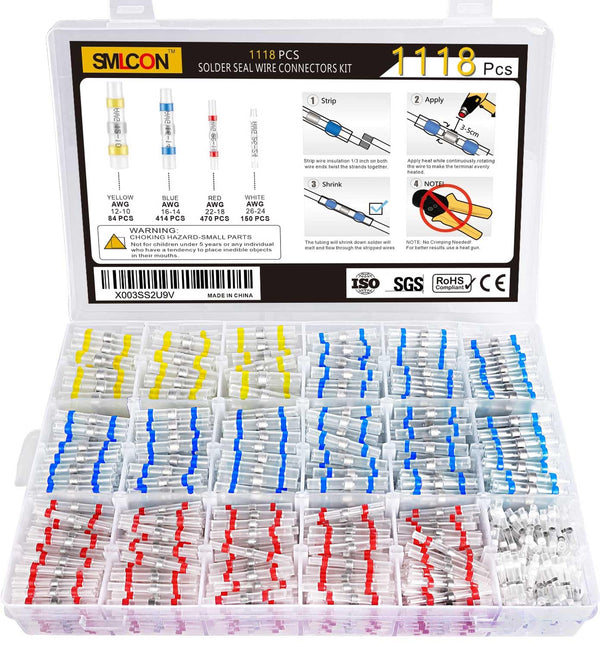 1118 PCS Solder Seal Wire Connectors - Waterproof Heat Shrink Butt Connector Kit for Marine Automotive Wire Joint