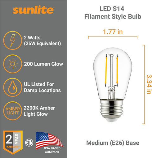 40424-SU S14 Bulb, 2 (25W 200 (E26), Dimmable, 2700K 6 Count Sunlite LED Filament Style String Light ETL Listed, Watts