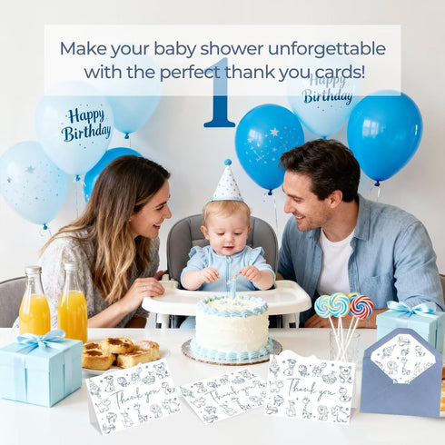 Oaken Leaford 48-Pack Set Baby Shower Thank You Card with Envelopes & Stickers, Cute Blue Cartoon Design Blank Note