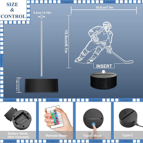 3D 16 Dimmable Lampeez Ice Hockey Player Night Lights for Kids LED Colors Remote Control Changing Touch Table Desk Lamp