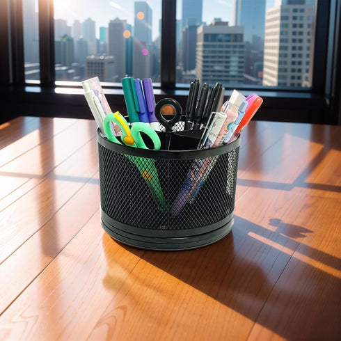 Rotating Pen/Pencil Holder for Desk,Supplies Organizer Pen Caddy,6 Compartments Spinning Multi-Functional Large Desktop Pen Container Organizer,Black (Metal Mesh Style) by SETTFRFE