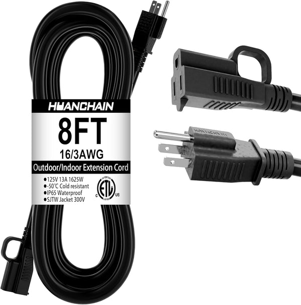 HUANCHAIN 8 ft Black Indoor Outdoor Extension Cord, 16/3 Gauge Waterproof, 13A 1625W, Heavy Duty Electric Cord, ETL