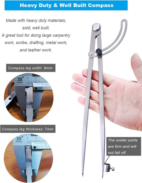 ZLKSKER 12 inch Professional Woodworking Compass with Pencil Holder for Carpenter and Drafting