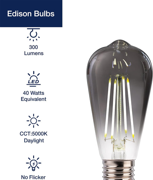 FLSNT LED Edison Bulbs, 4W (40W Equivalent), 5000K White Light, Dimmable, E26 Base, 6 Pack