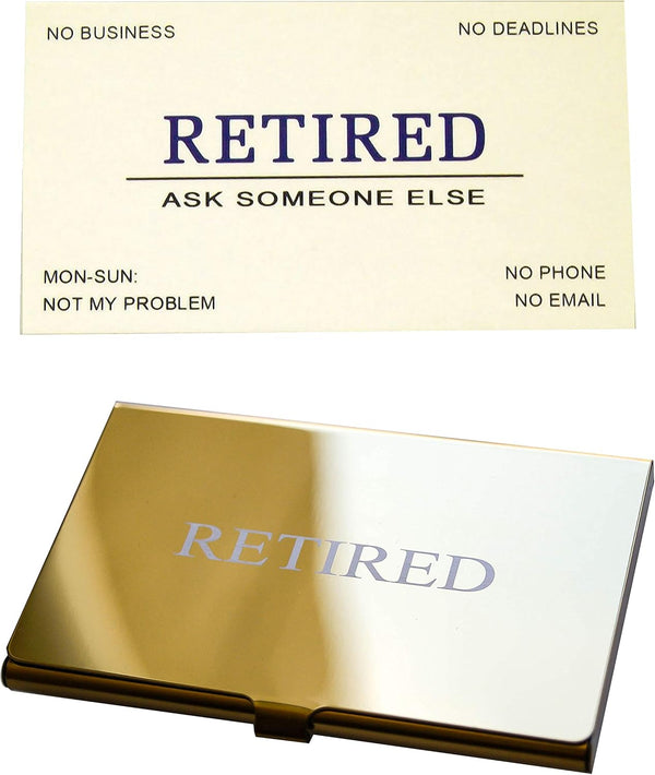 RXBC2011 Retired Business Cards, Funny Retirement Gift Pack of 50 with Gold Mirror Stainless Steel Case