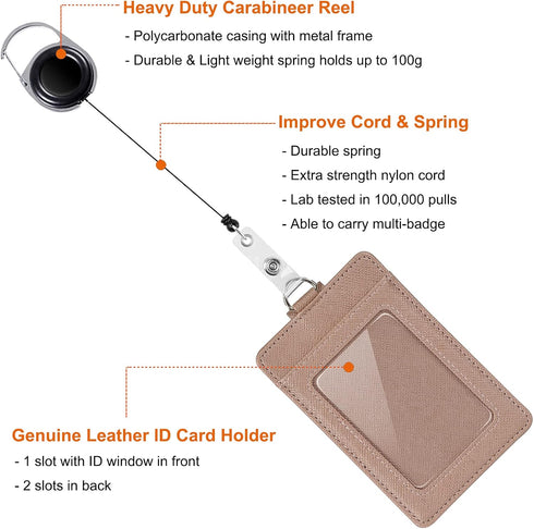 Leather ID Badge Holder Wallet Case with Neck Lanyard/Strap, 3 Card Slots & Retractable Badge Reel (Rose Gold)