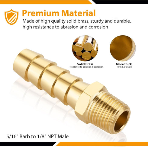 KOOTANS 4pcs Brass Hose Barb Fittings, 5/16" Hose Barb to 1/8 NPT Male Thread Air Hose Quick Coupler