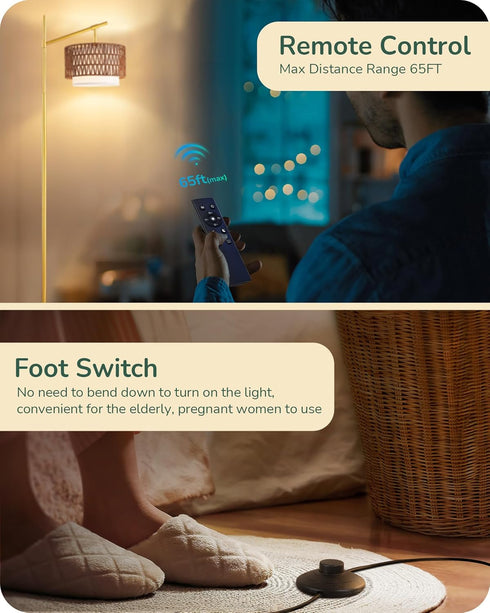Dimmable Bulb, EDISHINE Rattan Arc Floor Lamp with Remote, Gold Farmhouse Standing Lamps for Living Room, Rattan