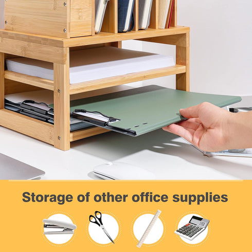 Homde Bamboo Desk Organizer with 3-Tier File Holder, Adjustable Pen Holder, Natural Desktop Storage for Office Home