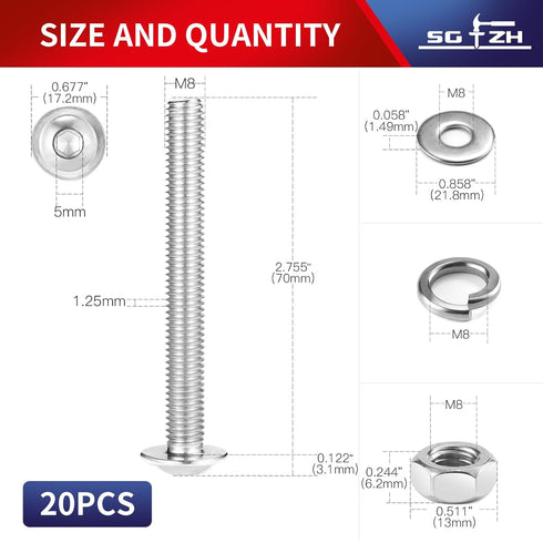 M8 x 70mm Flanged Button Head Socket Cap Screws, 20Pcs 18-8 Stainless Steel, Bright Finish with Hex Spanner
