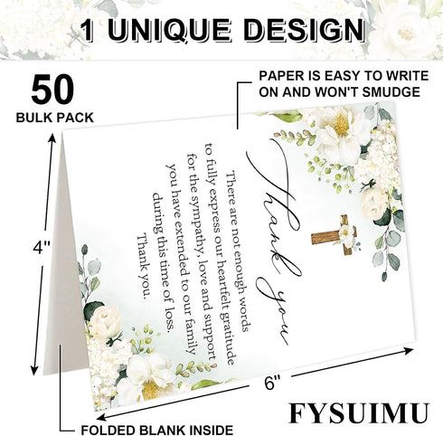 50 FYSUIMU Pcs Funeral Thank You Cards Bulk with Envelope Sticker Floral Sympathy Blank Note Cards White Flower Cross
