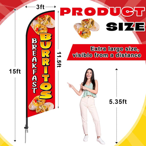 HunnmingRe 15 ft Breakfast Burritos Feather Flag Kit Breakfast Burritos Sign Mexican Food Swooper Flag Banner