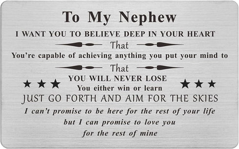 FALOGIJE Nephew Birthday Card Gifts from Aunt Uncle, Permanent Engraved Wallet Cards for Graduation Christmas Gifts