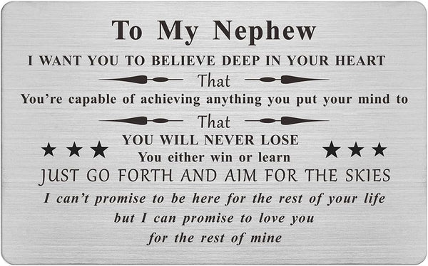 FALOGIJE Nephew Birthday Card Gifts from Aunt Uncle, Permanent Engraved Wallet Cards for Graduation Christmas Gifts