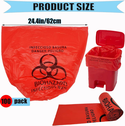 Daarcin 100pcs 24.4in Red Biohazard Waste Bags Medical Grade, Safe Infectious Waste Disposal No Leak Bags Trash Liners