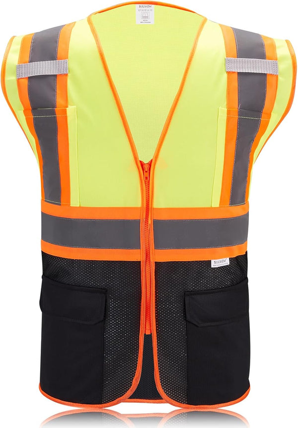 High Visibility Reflective Safety Vest with Zipper and Pockets, Medium (Yellow & Black)
