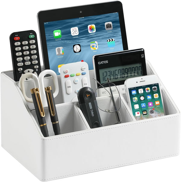 PU Leather Desk Organizer - Luxury Remote Control Holder for Home, Office Desk Accessories, Nightstand Organizer (White)