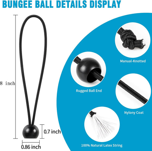 Tarp Bungee Balls Ties 8 Inch, 50 PCS Heavy Duty High Elastic Bungee Cord for Tarp, Camping Tent, Shelter, Cargo,
