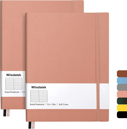 B5 College Ruled Notebooks, 2 Pack, 376 Numbered Pages, 100gsm Thick Lined Paper, Soft PU Leather Cover, 7.6 x 10 inch,