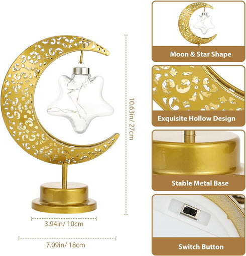 Decorative Table Lamp, Battery Powered Ramadan Desk Lamp with Crescent Table Light for Bedside Nightstand and Kid's