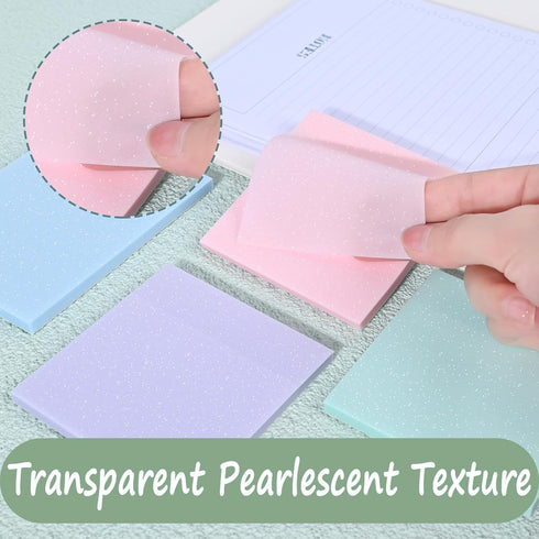 BAYTORY 200 Sheets Glitter Transparent Sticky Notes, 3 * 3 inch, Clear Soft Pastel Memo Pads for Office, School