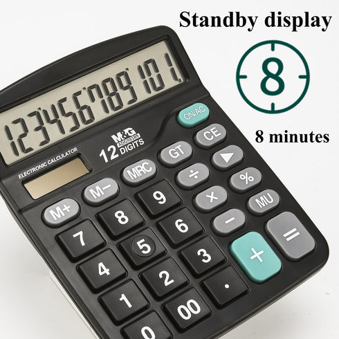 M&G 12 Digit Desk Calculator with Large LCD Display, Dual Solar Power and Battery, Big Button for Office (Black)