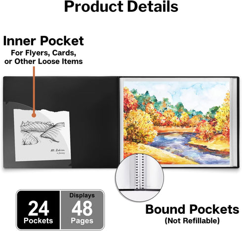 Dunwell 11x14 Portfolio Binder Folder (Black, Horizontal) with 24 Plastic Sleeves, Portfolio Presentation Book for Kids