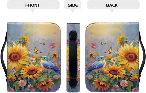 Sunflower Hummingbird Bible Cover Case, PU Leather Waterproof Protector with Handle, Large Size Tote Bag