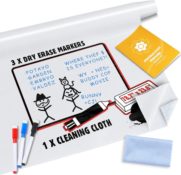 Dry Erase Whiteboard Sticker Wall Decal - Self-Adhesive Peel Stick Paper for School, Office, Home with 3 Pens