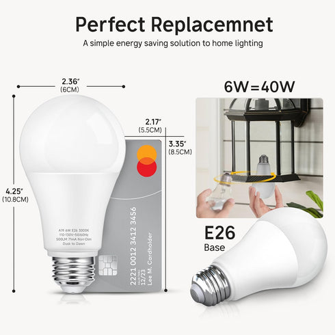 Dusk to Dawn Light Bulbs, 40W Equivalent, LED Outdoor Lighting Sensor, Warm White 3000K, A19 E26 Base, 6W