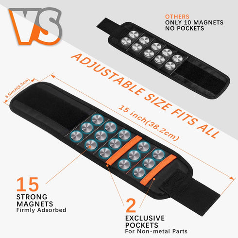 Magnetic Wristband with 15 Strong Magnets, Perfect Tool Gift for Dad, Husband, Handyman, or Handywoman