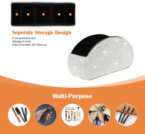 KEYPOWER Remote Control Holder Organizer, Leather Table Desk Storage with 5 Spacious Compartments, Bling Crystal