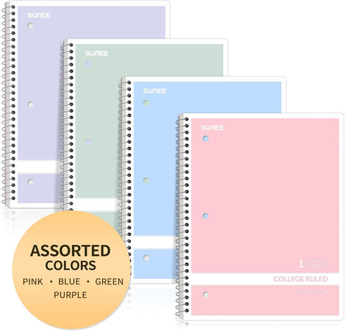 SUNEE Spiral Notebooks, College Ruled, 1-Subject, 4 Pack, 8 x 10-1/2 in, 70 Sheets, Pastel Colors for School, Office