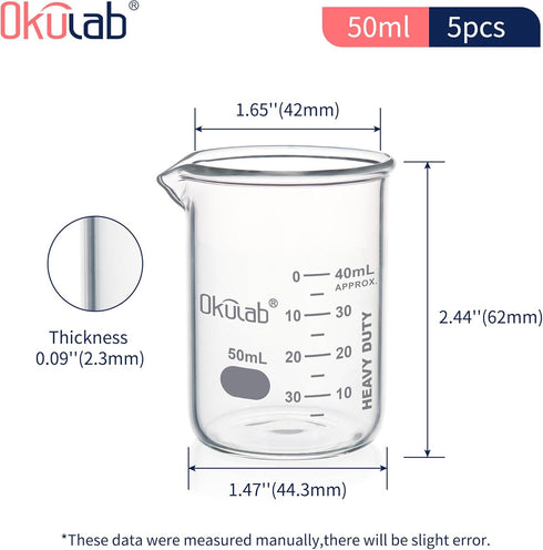 Heavy Duty Glass Beaker Set, Thick-Walled 3.3 Borosilicate Glass Beakers, 10pcs Vol. 50ml with Double Scale Graduation