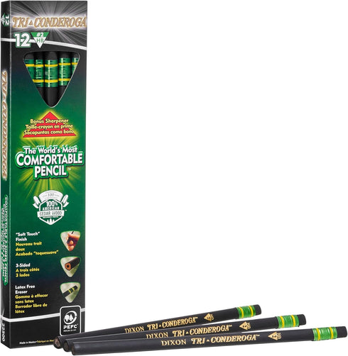 Ticonderoga Tri-Conderoga Triangular Pencils, Wood-Cased #2, Soft Touch Comfort Barrel, Black, 12-Pack (22500)