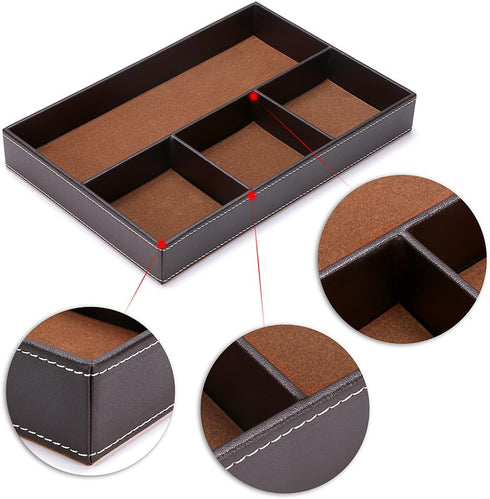 BTSKY 4 Slots Desk Drawer Organizer, PU Leather Divider for Office Desk Supplies, Multi-Purpose Storage Tray (Brown)